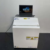 Front view of the Custom Biogenic Systems 2101-MPI unit with door closed, displaying liquid nitrogen safety caution stickers.